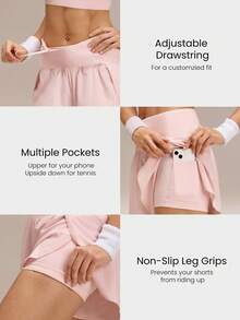 GLOWMODE 3'' VitalSwift Quick-Dry Set The Pace High Slit Adjustable Drawstring Waist Shorts With Built-In Shorts Side Pockets Non-Slip Grips Medium Impact Running Jogging Training Gym Workout - Pink - View 3