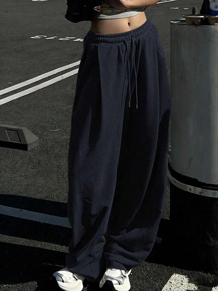 Women's Solid Color Drawstring Waist Loose Straight Leg Casual Sweatpants Summer