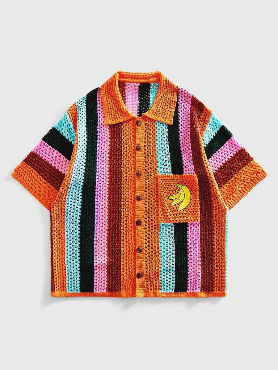ROMWE MEN Casual Crochet-Look Knit Cardigan, Colorful Striped Embroidered Banana Decor, Vintage Hollow Out Lapel Collar Top For Men Spring/Summer - Orange - View 1