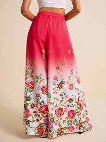LOTSLUV Women's Fuchsia Ombre Tropical Floral Print Wide Leg Pants With Pockets,White And Pink,Summer,Elegant,Vacation,Holiday Long Trousers For Women - Multicolor - View 2