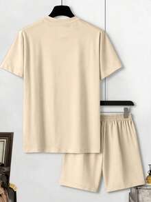 Manfinity Homme 男士休闲字母印花T恤短裤两件套，夏季 - 卡其色 - 查看 3