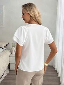 Louniche Women's Solid Color Round Neck Short Sleeve Minimalist Blouse White Elegant Top Lace White Top Tops For Women Elegant White Boho Top Blouse Summer Lace Blouses For Women White Lace Top White Tops For Women Elegant White Blouse Women's White Top Working Blouse Women's Blouse Women's Tops And Blouses - White - View 2