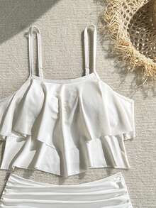 SHEIN Swim Women's Summer Beach Solid Color Ruffle Hem Tankini Swimsuit Set - Cream - View 3