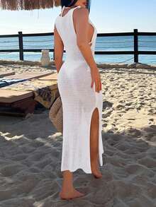 EURMUSE Robe longue en crochet ajourée en fil de laine de haute qualité - Blanc - Voir 2