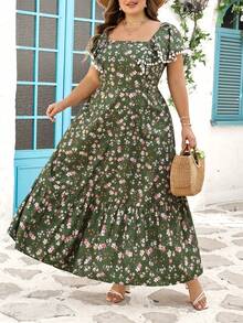 SHEIN CURVE+ Vestido con volantes de manga y estampado floral elegante para mujeres de talla grande, para uso diario - Multicolor - Ver 3