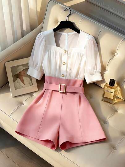 SHEIN Franclia Bộ jumpsuit nữ thanh lịch công sở/đi làm hai tông màu cổ vuông tay phồng có thắt lưng, mùa hè