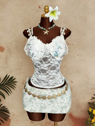 Sunspun Plus Size Lace Fitted Camisole Top With Double Shell Tassel Straps, Suitable For Spring/Summer Vacation