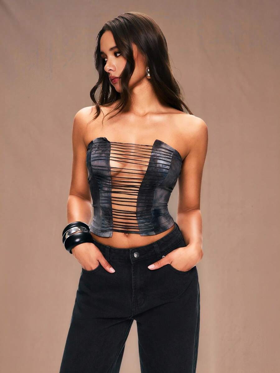 TypaGal Y2K Sexy Summer Black Stylish Chic Bold Modern Women's Fashion Carnival Party Beach Vacation Street Casual  Women's Sexy Tie-Dye Print Hollow-Out Bandeau Top, Summer Jean With Bra Strapless Tops Jean Tube Top Tube Top With Bra - Multicolor - View 1