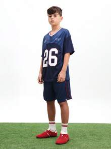 SUMWON Boys Navy V-Neck Jersey T-Shirt And Matching Shorts USA Number Print Two-Piece Set Casual Summer Sports Inspired Coordinate, World Cup 2026 Sporty Chic Game Day Football Blokecore Streetwear Jersey Kit - Blue - View 1