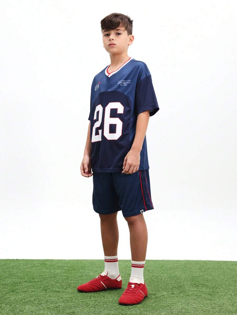 SUMWON Boys Navy V-Neck Jersey T-Shirt And Matching Shorts USA Number Print Two-Piece Set Casual Summer Sports Inspired Coordinate, World Cup 2026 Sporty Chic Game Day Football Blokecore Streetwear Jersey Kit - Blue - View 1