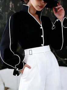 Airaco Camisa casual suelta de mujer con un solo abotonado y elegante ribete - Negro - Ver 3