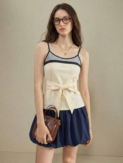 Muvela New Spring/Summer Beige Color Block Adjustable Spaghetti Strap Waist Tie Camisole Top, Vintage Collegiate Sweet Versatile Wear Alone Or Layer, Suitable For Multiple Summer Occasions