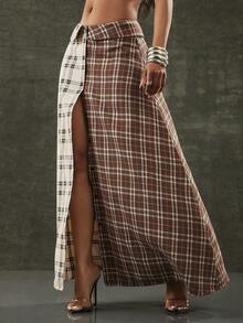 Denimoi Falda con botones y estampado a cuadros, falda plegable de moda para uso en la calle - Multicolor - Ver 2