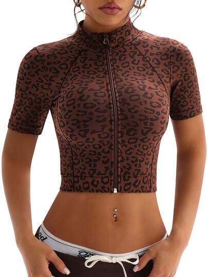 Dewbera Seamless Brown Leopard Print Sports Cropped Jacket