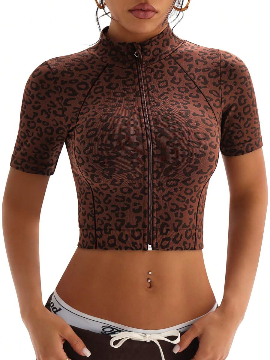 Dewbera Seamless Brown Leopard Print Sports Cropped Jacket Leopard Print Top Womens Athletic Wear - Brown - View 1