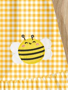 春夏女童休闲时尚创意个性清新可爱卡哇伊黄白格子蜜蜂图案印花无袖荷叶边连衣裙，舒适日常穿着 - 彩色 - 查看 4