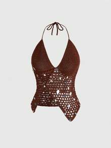 ROMWE Avant Áo thun nữ kiểu retro gợi cảm, cổ yếm, xẻ sâu, đính sequin thủ công, vạt áo bất đối xứng, chất liệu dệt kim. - màu nâu - Xem 1