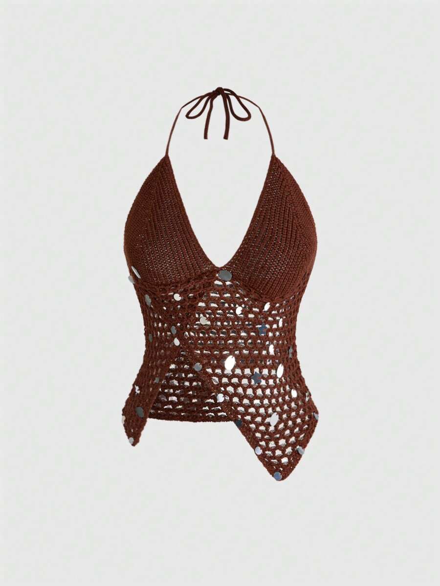 ROMWE Avant Áo thun nữ kiểu retro gợi cảm, cổ yếm, xẻ sâu, đính sequin thủ công, vạt áo bất đối xứng, chất liệu dệt kim. - màu nâu - Xem 1