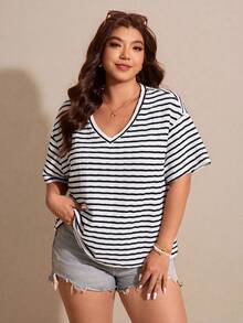 Elaquor Plus Size Women Summer Casual Striped Short Sleeve T-Shirt , Beach Vacation - Multicolor - View 3