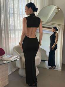 SHEIN SXY 露背金属扣无袖连衣裙 - 黑色 - 查看 5