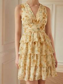 BELROSIE French Retro Elegant V-Neck Sleeveless Ruched Waist Multilayer Ruffled Contrast Color Floral Print Chiffon Mini Dress For Women - Yellow - View 3