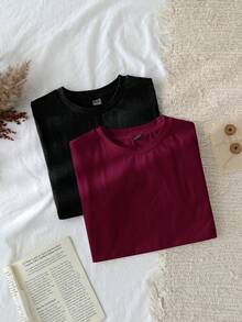 Tseoso 两件套休闲简约基础款圆领短袖打底衫，黑色和酒红色，春夏款 - 彩色 - 查看 4