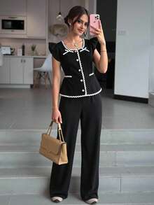 SHEIN Bộ 2 áo crop top tay lỡ họa tiết hoa cho bé gái tuổi teen có nơ trang trí và quần ống rộng - màu đen - Xem 3