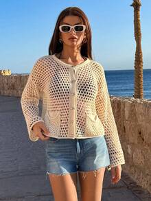 EURMUSE Cárdigan con bolsillo de punto abierto y calado en tela ligera y transpirable para un estilo casual y elegante de primavera y verano - Blanco - Ver 4