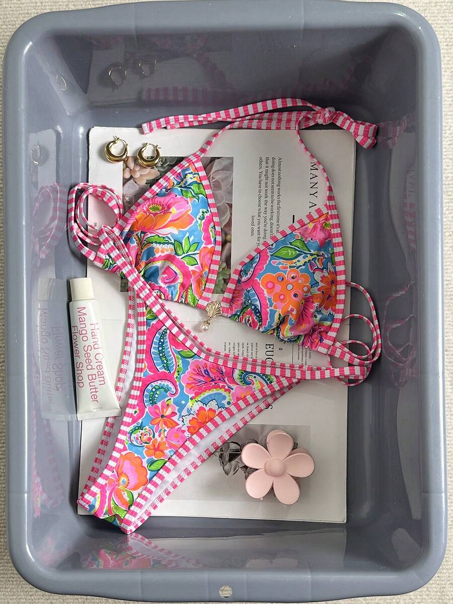 Swim Mod 两件套随机花卉印花金属贝壳珍珠装饰挂脖比基尼上衣和下装性感女士泳装套装,春夏泳装配饰女士泳衣套装全包臀比基尼套装泳装配饰花卉印花比基尼女士两件套泳装套装女士泳衣套装比基尼泳装花卉泳装图案比基尼两件套条纹泳装 - 彩色 - 查看 1