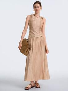 Aalyst Women's Textured Fabric Casual Tank Top And Skirt 2 Pieces Set - Apricot - View 5