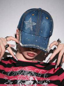 ROMWE Grunge Punk 1. Mũ lưỡi trai đính đá, kiểu dáng thường ngày, họa tiết ngôi sao năm cánh đính đá lấp lánh, thích hợp cho mặc hàng ngày, dự tiệc và lễ hội âm nhạc. - Bên sao màu xanh - Xem 2