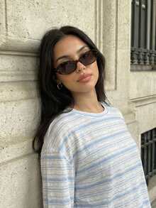 Solavon 女士休闲宽松条纹长袖T恤 - 淺藍色 - 查看 5