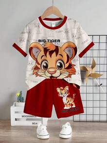 SHEIN Baby Boy Casual Minimalist T-Shirt Set Suitable For Summer, Classic Cute Tiger Print - Multicolor - View 2