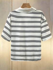GlowEve 女士短袖半拉链休闲条纹T恤，夏季百搭 - 彩色 - 查看 2