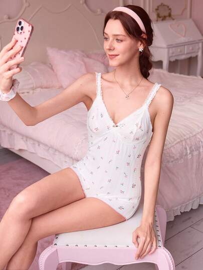 Bonmuse CottageSlumber Ditsy Floral Patchwork White Lace Strap Casual Women Sleepwear Jumpsuit Summer Lingerie Lingerie Romper Cute Lingerie Rave Floral Lingerie  Cozy And Elegant Details
