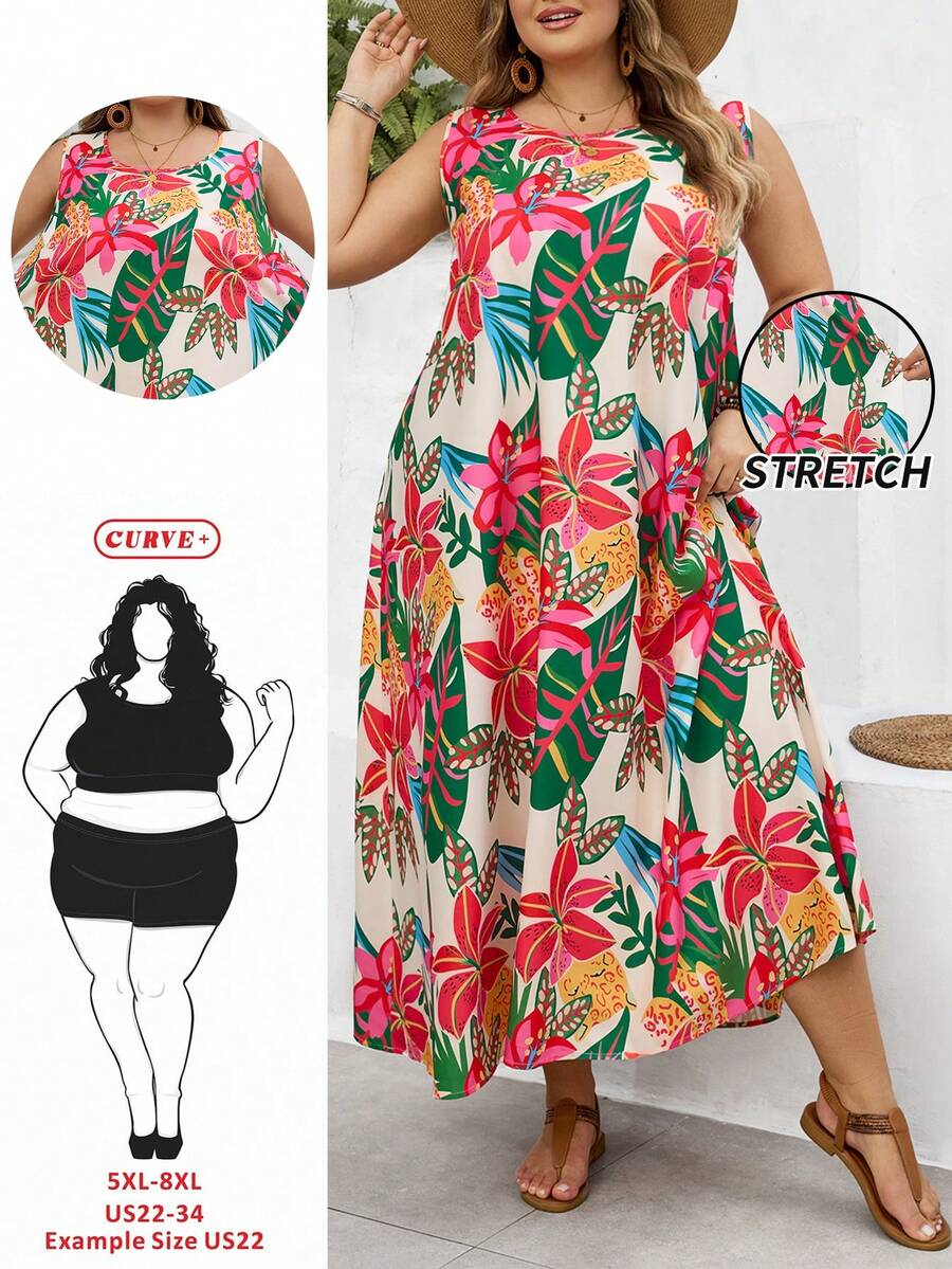 SHEIN CURVE+ 尺码 US22 大码女式无袖印花连衣裙，适合音乐节、海滨度假、波西米亚风等各种场合，夏季、假日、秋冬皆宜，尺码齐全。