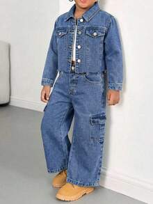 Bộ 2 món gồm áo khoác dài tay cổ bẻ và quần ống rộng bằng vải denim kaki cho bé gái. - Rửa nhẹ - Xem 4