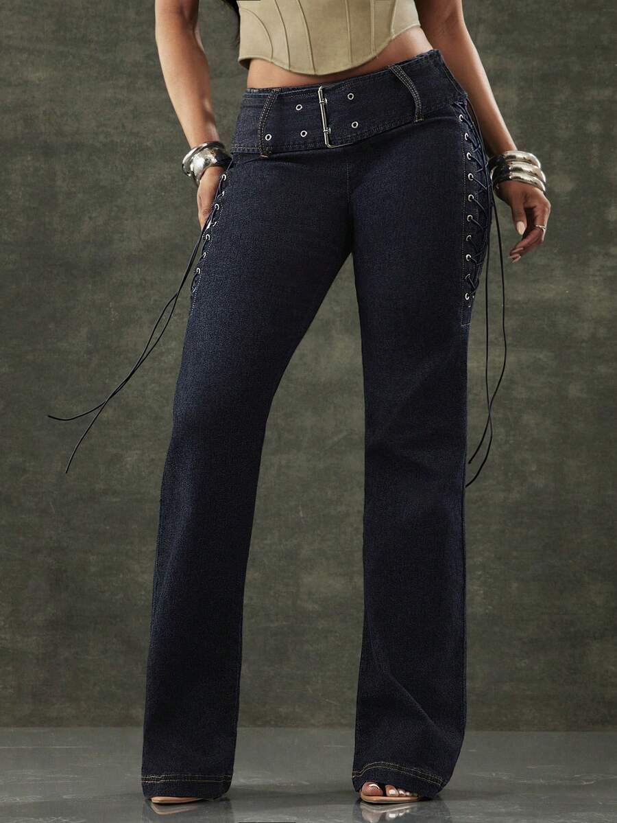 Denimoi Quần jeans ống loe nữ đa năng, phù hợp cho việc đi làm, với thiết kế buộc dây có khoen. - Rửa tối - Xem 1