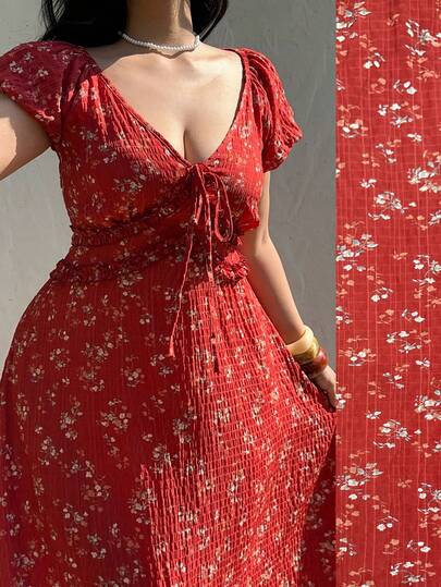 Sunnyshic Plus Size Women's French Romantic Vacation Collegiate Style Puff Sleeve Scoop Neck Ruffle Trim Lantern Sleeve Design Dress, Short Sleeve Dress, Sundress, Wedding Season Dress, Regular Dress, Floral Dress, Vacation Dress, Back To School Dress, Summer Plus Size Dress, Countryside Vacation Outfit Suitable For Spring, Summer, All Seasons