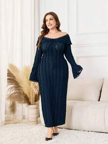 Modelyn Plus Size Women's Off-Shoulder Ruffle Long Sleeve Fitted Lace Patchwork Elegant Dress - Blue - View 6