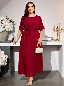Enliva Plus Size Elegant Solid Color Tie Wrap Dress,Business Casual Woman, For Apple And Rounded Body Shape, For Summer - Burgundy - View 3