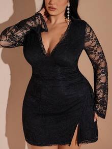 SHEIN BAE Abito mini con spacco, manica lunga in pizzo, taglie comode per donna, colore nero - nero - Visualizzare 8