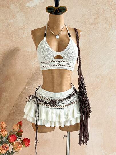 Soleia 女士纯色镂空设计露脐吊带针织上衣和针织迷你裙两件套