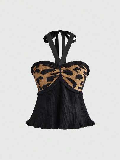 ROMWE Avant 女士豹纹撞色缎带系领针织毛衣上衣