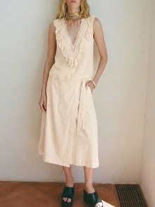 Maija 女士深V领荷叶边休闲百搭日常上衣 - 杏色 - 查看 2