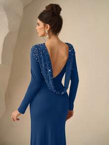 Coutiva Gaun Malam Formal Model Ekor Ikan Tanpa Punggung dengan Hiasan Mutiara Elegan untuk Wanita - Dusty Blue - View 3