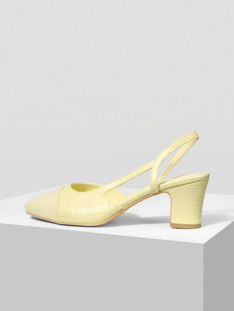 WOMEN SHOES NEW EUROPEAN AND AMERICAN STYLE SIDE AIR SPLICING ROUND TOE MEDIUM THICK HEEL SHOES, GOOSE YELLOW VERSATILE COMFORTABLE CASUAL ELEGANT FASHION SLIP-ON CLASSIC HIGH HEELS