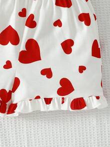 SHEIN 少女纯色爱心图案 Polo 领开衫和针织休闲短裤两件套家居服 - 白色 - 查看 3