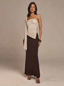 COSMINA 女士优雅不对称扭肩衬衫，百搭实用，适合通勤、办公、约会、派对、生日、情人节、春季等场合。 - 米色 - 查看 3