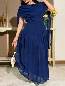 Feyla Vestido elegante de fiesta de talla grande con pliegues en unicolor - Azul - Ver 5